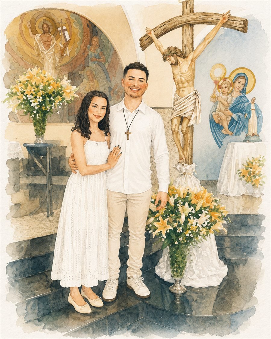 Aquarela de Kauã e Ana Júlia na Paróquia Cristo Ressuscitado